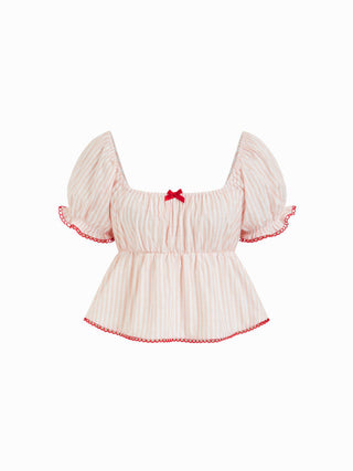 Woven Cotton-blend Striped Puff Sleeve Bowknot Top & Mid Rise Wide Leg Loungewear Set For Home Bedroom