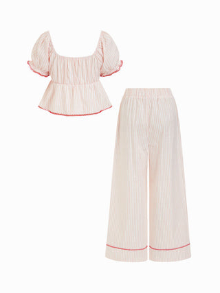 Woven Cotton-blend Striped Puff Sleeve Bowknot Top & Mid Rise Wide Leg Loungewear Set For Home Bedroom