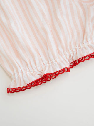 Woven Cotton-blend Striped Puff Sleeve Bowknot Top & Mid Rise Wide Leg Loungewear Set For Home Bedroom
