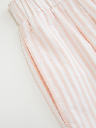 Woven Cotton-blend Striped Puff Sleeve Bowknot Top & Mid Rise Wide Leg Loungewear Set For Home Bedroom