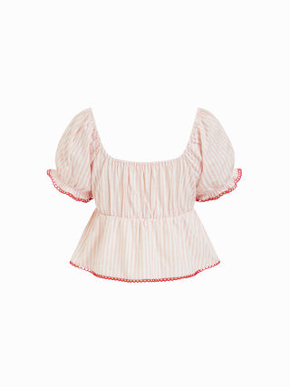 Woven Cotton-blend Striped Puff Sleeve Bowknot Top & Mid Rise Wide Leg Loungewear Set For Home Bedroom