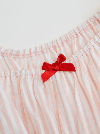 Woven Cotton-blend Striped Puff Sleeve Bowknot Top & Mid Rise Wide Leg Loungewear Set For Home Bedroom