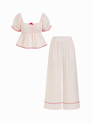 Woven Cotton-blend Striped Puff Sleeve Bowknot Top & Mid Rise Wide Leg Loungewear Set For Home Bedroom