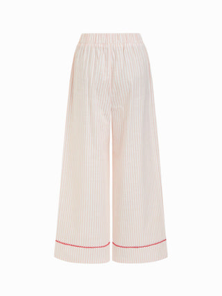 Woven Cotton-blend Striped Puff Sleeve Bowknot Top & Mid Rise Wide Leg Loungewear Set For Home Bedroom