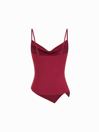Knit Fabric Cowl Neck Ruched Asymmetrical Hem Cami Top