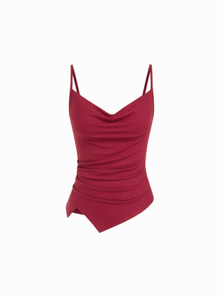 Knit Fabric Cowl Neck Ruched Asymmetrical Hem Cami Top