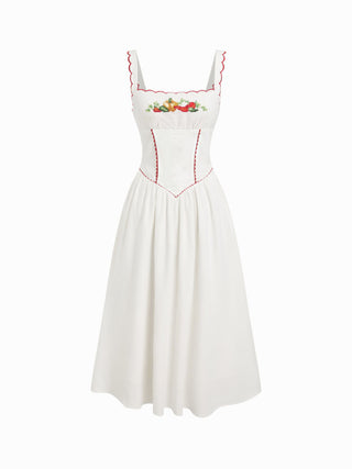 Linen-blend Square Neck Fruit Embroidery Flared Maxi Dress