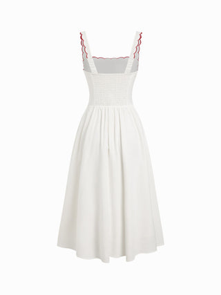 Linen-blend Square Neck Fruit Embroidery Flared Maxi Dress