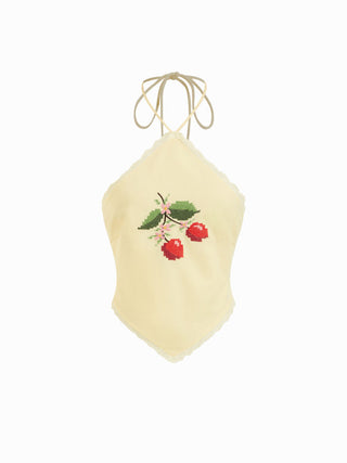 Linen-blend Halter Neckline Tie Back Cherry Embroidery Top