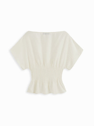 Linen-blend Linen-blend Boat Neck Ruched Batwing Sleeve Blouse For Daily Casual
