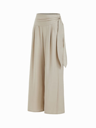 Linen-blend Linen-blend Low Rise Wrap Waist Wide Leg Trousers For Work