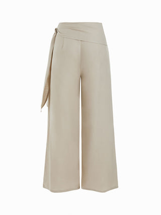 Linen-blend Linen-blend Low Rise Wrap Waist Wide Leg Trousers For Work