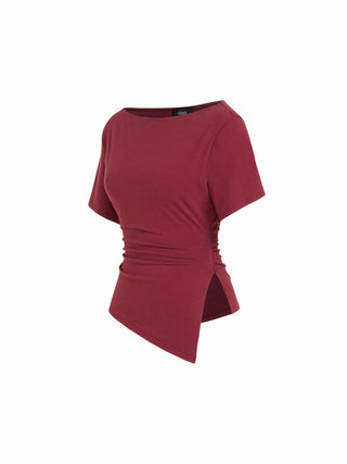 Cotton-blend Boat Neck Ruched Asymmetrical Hem Short Sleeve Tee
