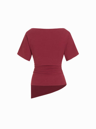Cotton-blend Boat Neck Ruched Asymmetrical Hem Short Sleeve Tee