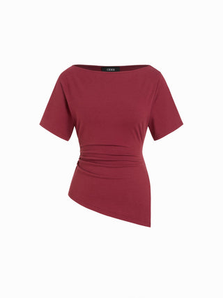 Cotton-blend Boat Neck Ruched Asymmetrical Hem Short Sleeve Tee