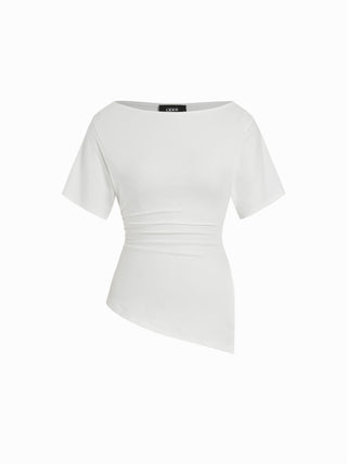 Cotton-blend Boat Neck Ruched Asymmetrical Hem Short Sleeve Tee