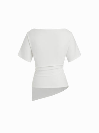 Cotton-blend Boat Neck Ruched Asymmetrical Hem Short Sleeve Tee