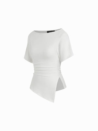 Cotton-blend Boat Neck Ruched Asymmetrical Hem Short Sleeve Tee