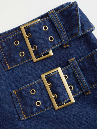 Denim Low Rise Washed Buckle Metal Detail Pencil Mini Skirt