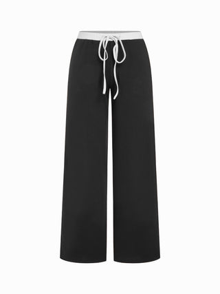 Cotton-blend V-neck Two Tone Top & Mid Rise Drawstring Straight Leg Trousers Set