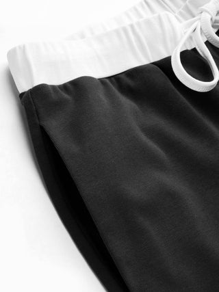 Cotton-blend V-neck Two Tone Top & Mid Rise Drawstring Straight Leg Trousers Set