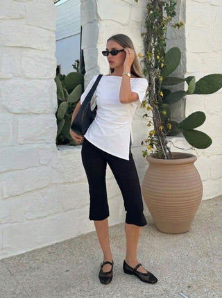 Cotton-blend Boat Neck Ruched Asymmetrical Hem Short Sleeve Tee