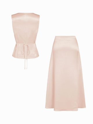 Satin Cowl Neck Lace Panel Top & Mid Rise Flared Maxi Skirt Set