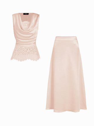 Satin Cowl Neck Lace Panel Top & Mid Rise Flared Maxi Skirt Set