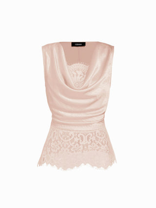 Satin Cowl Neck Lace Panel Top & Mid Rise Flared Maxi Skirt Set
