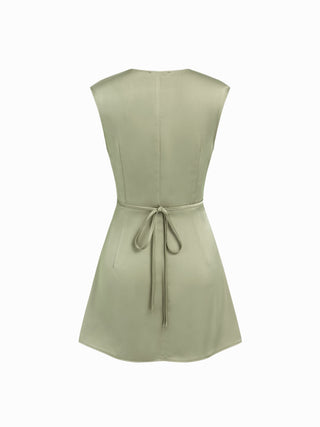 Satin V-neck Ruched Knotted Tie Back Mini Dress