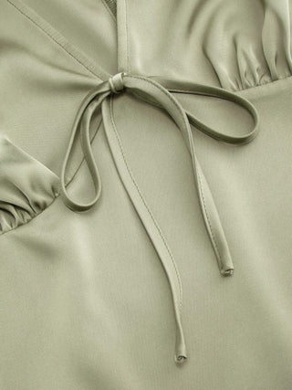 Satin V-neck Ruched Knotted Tie Back Mini Dress