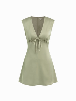 Satin V-neck Ruched Knotted Tie Back Mini Dress