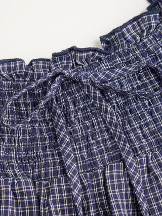 Woven Cotton-blend Gingham Shirred High Rise Mini Dress For Daily Casual