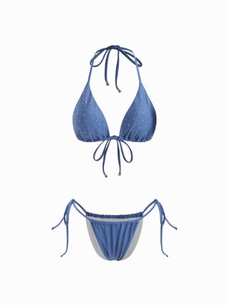 Halter Neckline Glitter Triangle Top & Ruched Tie Side Bottoms With Sheer Skirt 3 Piece Bikini Set