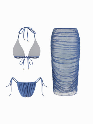 Halter Neckline Glitter Triangle Top & Ruched Tie Side Bottoms With Sheer Skirt 3 Piece Bikini Set