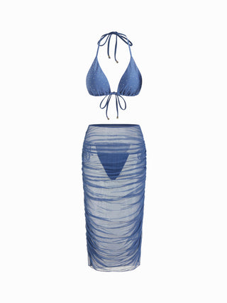 Halter Neckline Glitter Triangle Top & Ruched Tie Side Bottoms With Sheer Skirt 3 Piece Bikini Set
