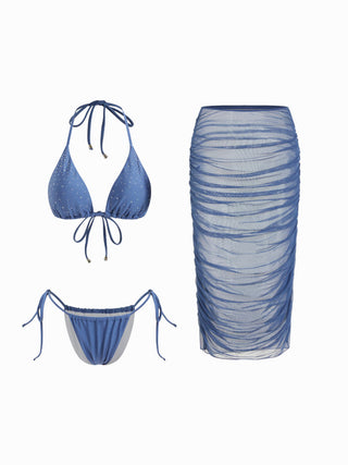 Halter Neckline Glitter Triangle Top & Ruched Tie Side Bottoms With Sheer Skirt 3 Piece Bikini Set