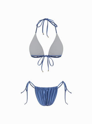 Halter Neckline Glitter Triangle Top & Ruched Tie Side Bottoms With Sheer Skirt 3 Piece Bikini Set