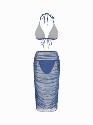 Halter Neckline Glitter Triangle Top & Ruched Tie Side Bottoms With Sheer Skirt 3 Piece Bikini Set