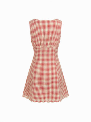 Cotton-blend Gingham V-neck Scallop Hem A-line Mini Dress