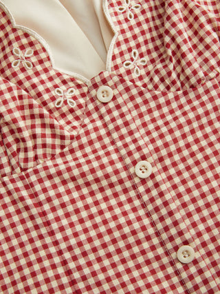 Cotton-blend Gingham V-neck Scallop Hem A-line Mini Dress
