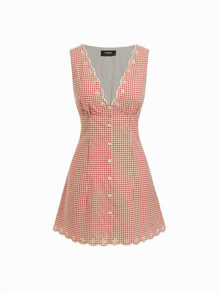 Cotton-blend Gingham V-neck Scallop Hem A-line Mini Dress
