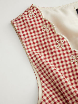 Cotton-blend Gingham V-neck Scallop Hem A-line Mini Dress