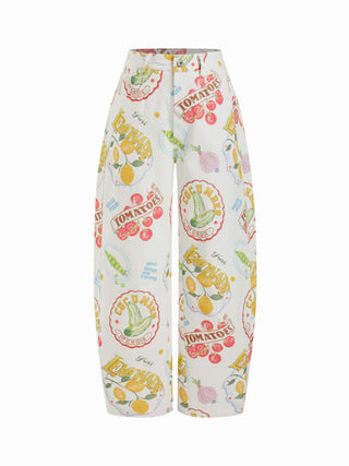 Cotton Mid Rise Fruit Cat Graphic Barrel-leg Trousers