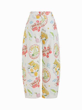 Cotton Mid Rise Fruit Cat Graphic Barrel-leg Trousers