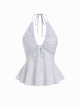 Cotton-blend Striped Halter Neckline Drawstring Peplum Hem Top