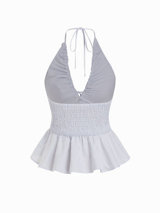 Cotton-blend Striped Halter Neckline Drawstring Peplum Hem Top