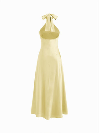 Satin Halter Neck Twist Knotted A-line Maxi Dress