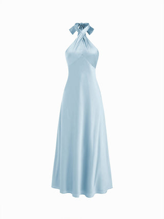 Satin Halter Neck Twist Knotted A-line Maxi Dress