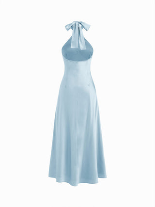 Satin Halter Neck Twist Knotted A-line Maxi Dress